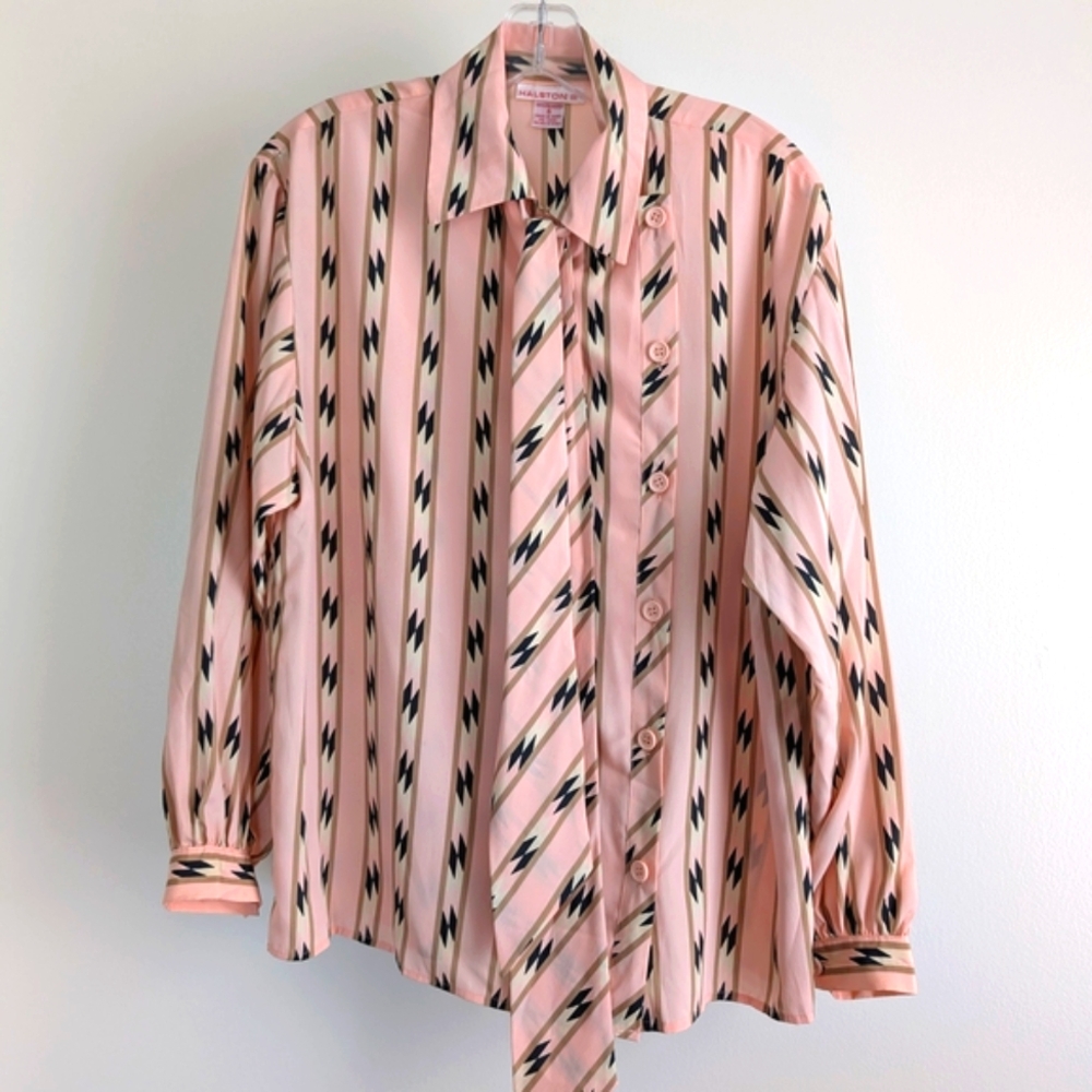 Halston Heritage Pink Striped Button-Up Blouse with Black and Cream Accents